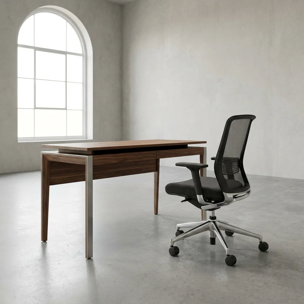 Minimalist B2B product photography of a modern writing desk and chair set in a clean studio environment, no text overlays.